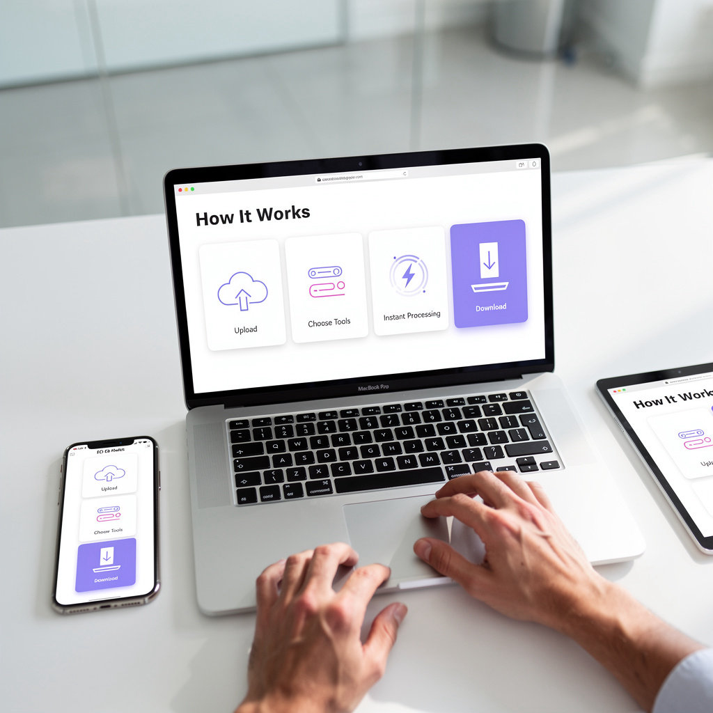 PDF TOOLs process workflow - upload, select tool, process instantly, download secure results